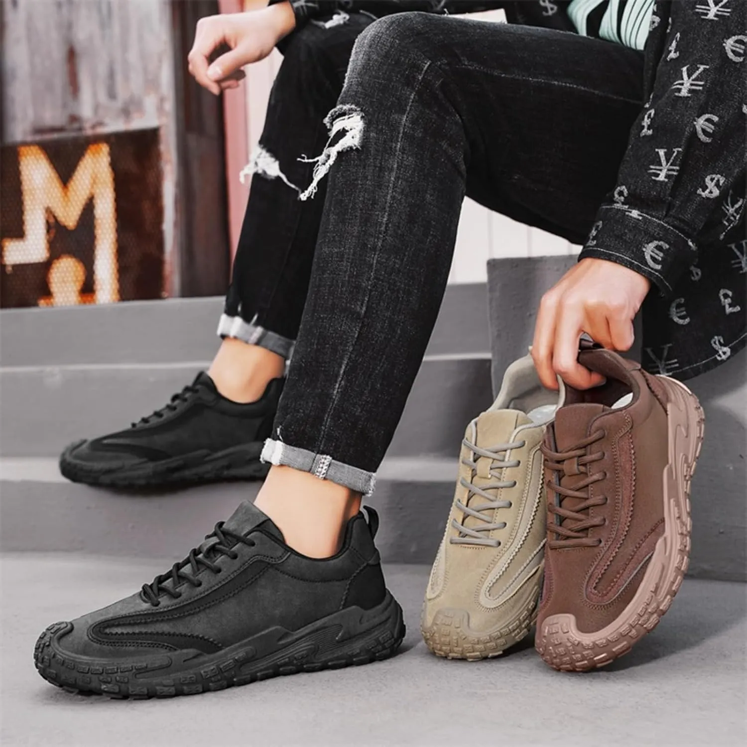 Men's Suede Leather Lace-Up Sneakers Anti-Slip Cushioned Walking Casual Shoes with Heel Pull Tab Outdoor Urban Hiking Sports Footwear for Men
