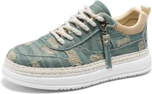 Men's Vintage Distressed Denim Skate Shoes with Metal & Rope Lace-Up Breathable Mesh Lining Platform Sneakers Non-Slip Rubber Sole for Casual Walking Outdoor Activities