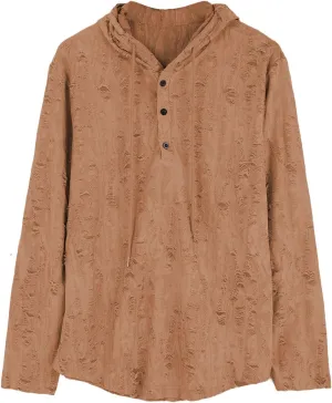 Mens Vintage Ripped Hoodies Summer Long Sleeve Casual Lightweight Button Up Hooded Tops Loose Beach Vacation Pullover