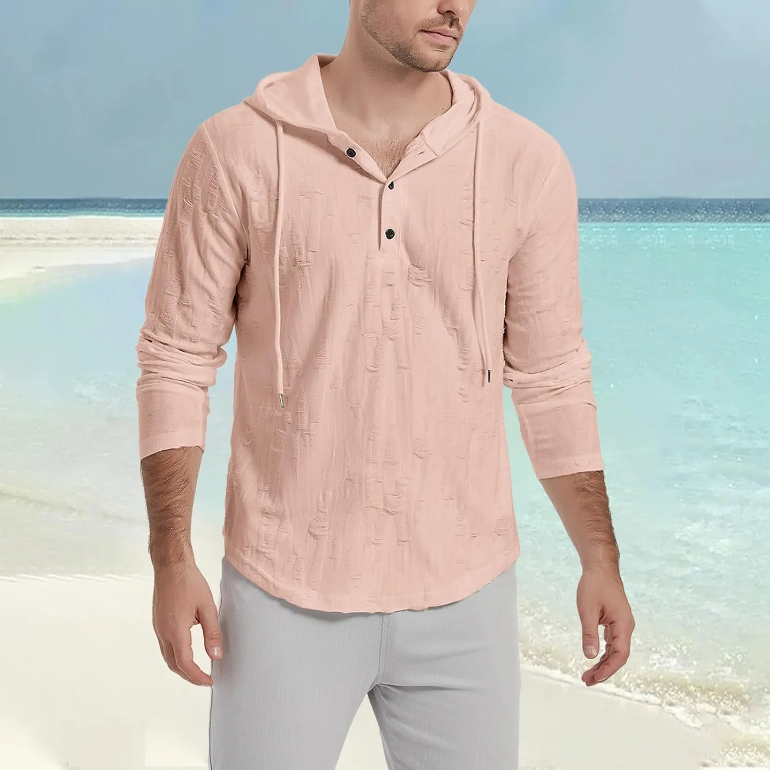 Mens Vintage Ripped Hoodies Summer Long Sleeve Casual Lightweight Button Up Hooded Tops Loose Beach Vacation Pullover