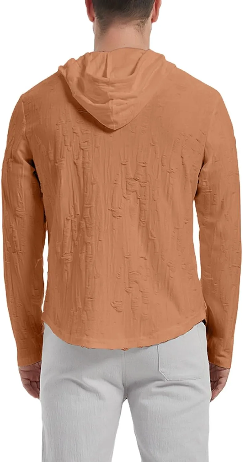 Mens Vintage Ripped Hoodies Summer Long Sleeve Casual Lightweight Button Up Hooded Tops Loose Beach Vacation Pullover