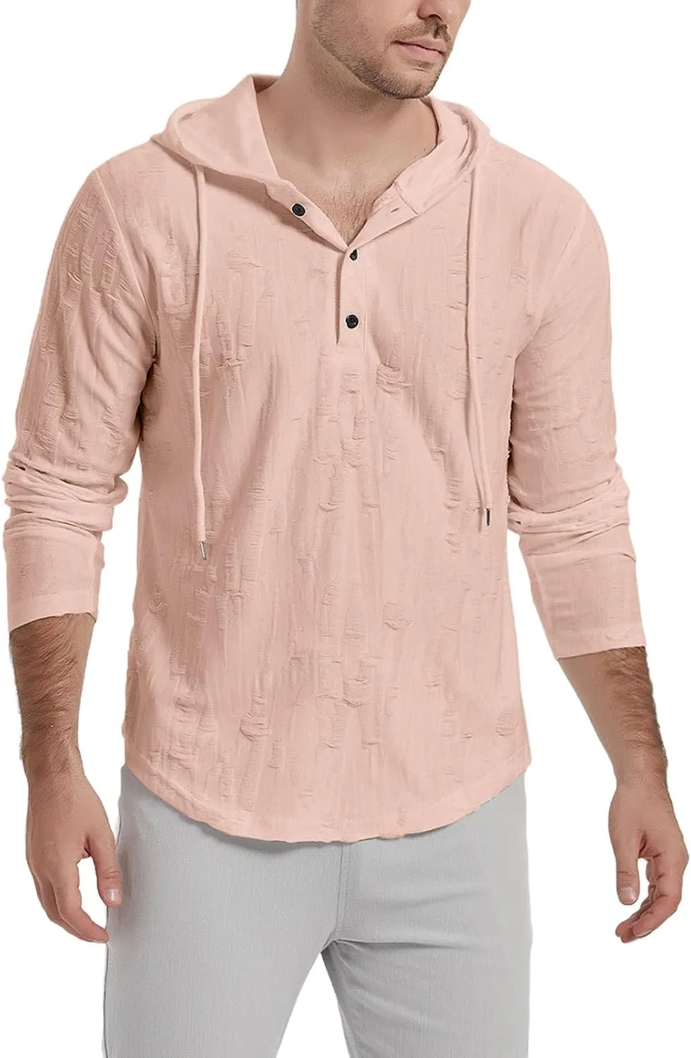 Mens Vintage Ripped Hoodies Summer Long Sleeve Casual Lightweight Button Up Hooded Tops Loose Beach Vacation Pullover
