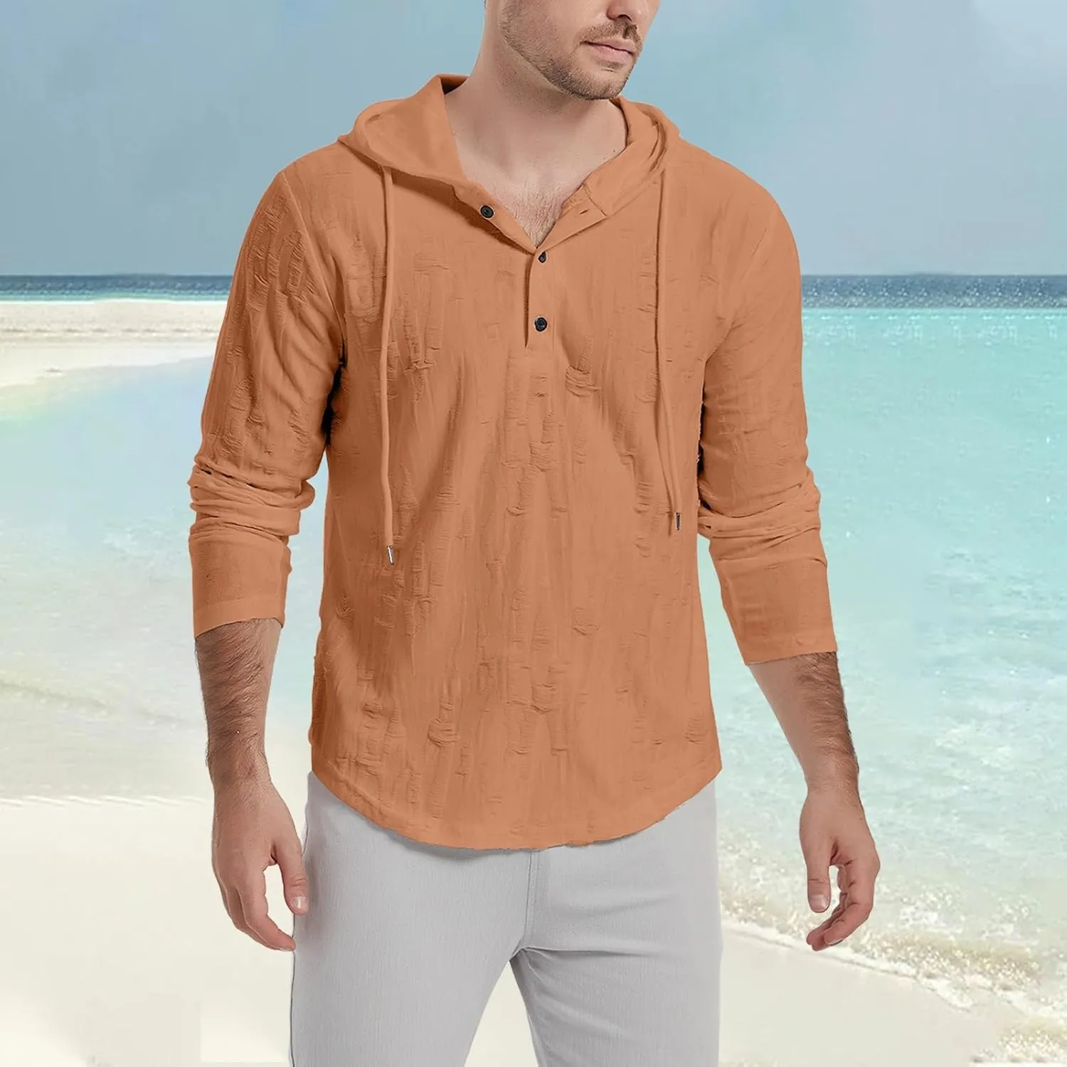 Mens Vintage Ripped Hoodies Summer Long Sleeve Casual Lightweight Button Up Hooded Tops Loose Beach Vacation Pullover