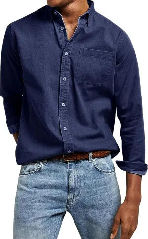 Mens Vintage Washed Shirts Casual Long Sleeve Button Down Tunic Tops Classic Lapel Solid Colors Shirts for Business