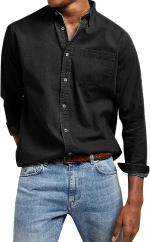 Mens Vintage Washed Shirts Casual Long Sleeve Button Down Tunic Tops Classic Lapel Solid Colors Shirts for Business