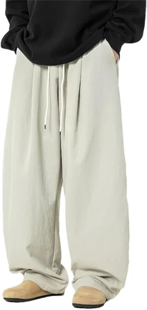 Men's Wide-Leg Retro Casual Pants with Embroidery and Drawstring Waist High Street Fashion Trousers