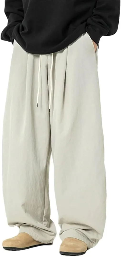 Men's Wide-Leg Retro Casual Pants with Embroidery and Drawstring Waist High Street Fashion Trousers