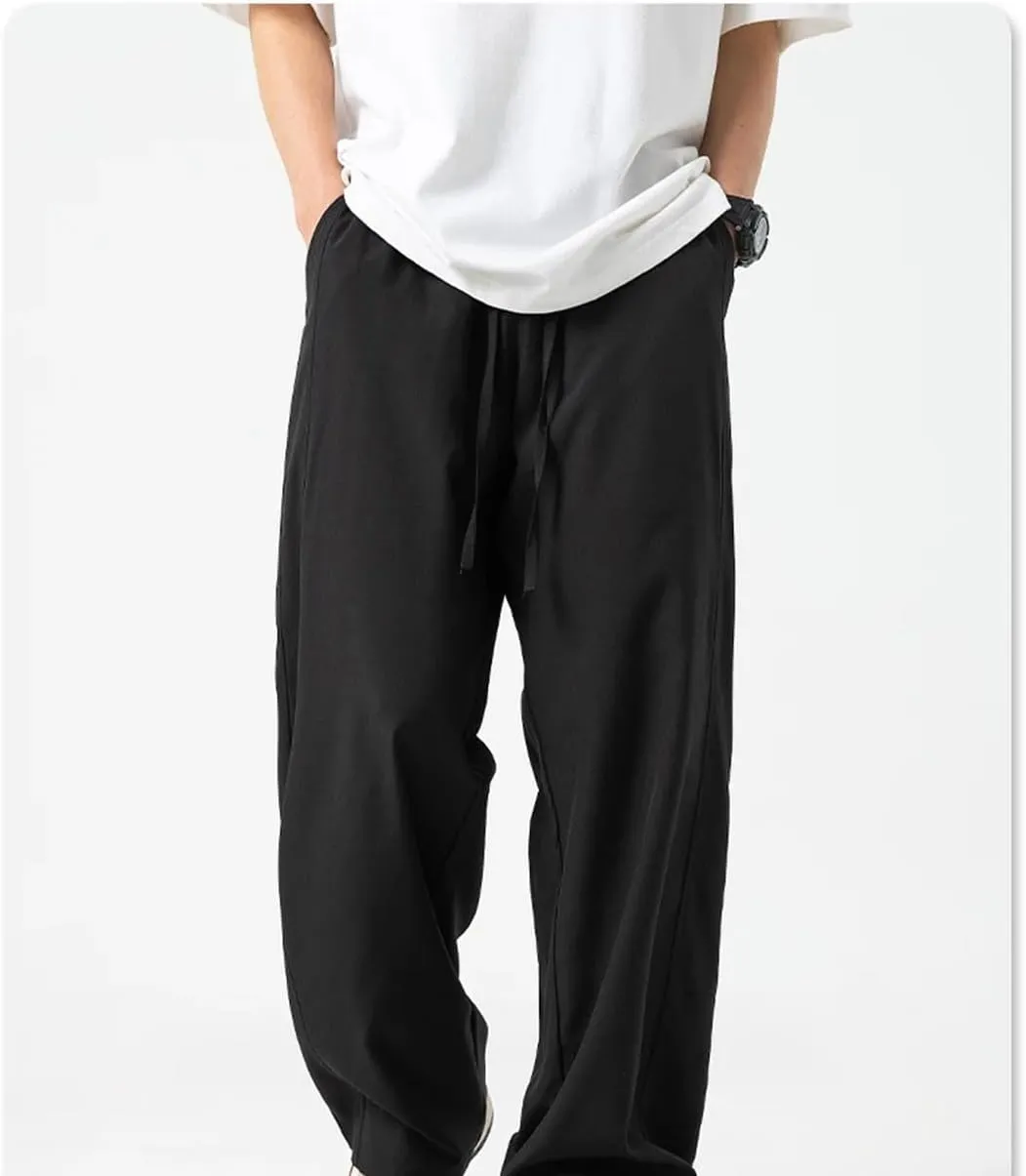 Men's Wide-Leg Straight Fit Cotton Pants with Drawstring Waist Classic Vintage Casual Trousers
