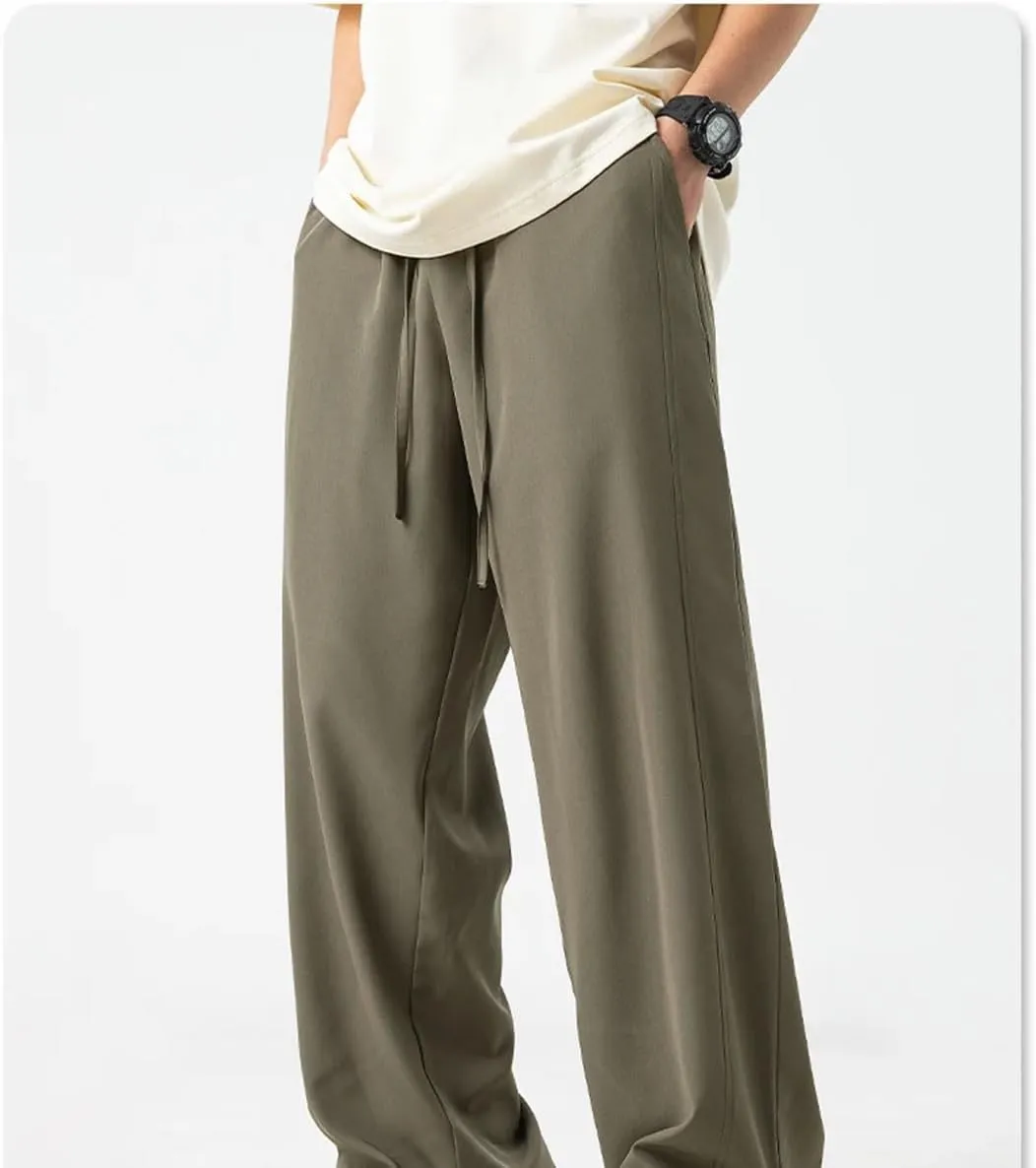 Men's Wide-Leg Straight Fit Cotton Pants with Drawstring Waist Classic Vintage Casual Trousers