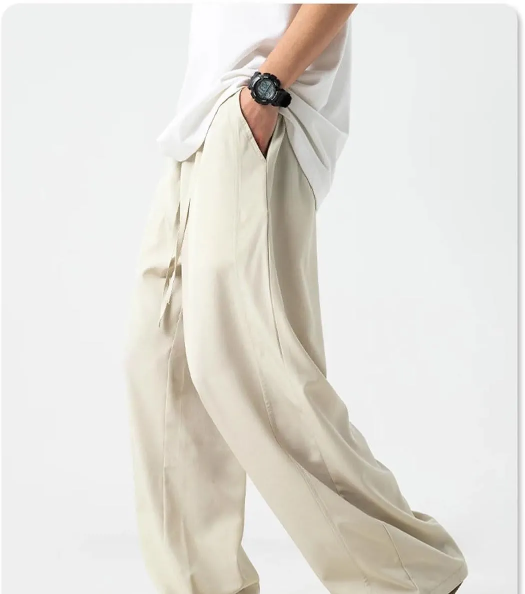 Men's Wide-Leg Straight Fit Cotton Pants with Drawstring Waist Classic Vintage Casual Trousers