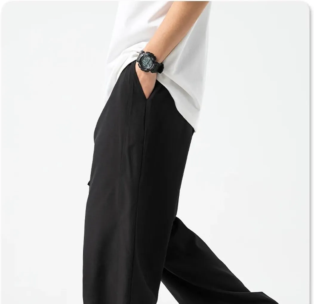 Men's Wide-Leg Straight Fit Cotton Pants with Drawstring Waist Classic Vintage Casual Trousers
