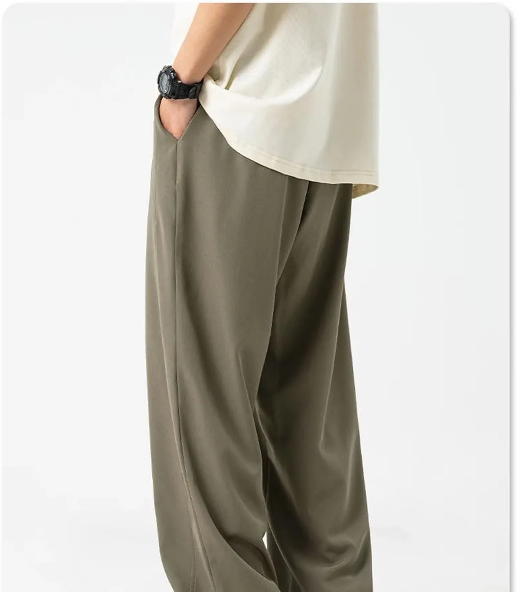 Men's Wide-Leg Straight Fit Cotton Pants with Drawstring Waist Classic Vintage Casual Trousers