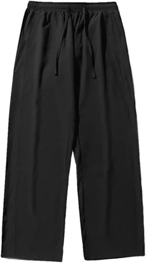 Men's Wide-Leg Straight Fit Cotton Pants with Drawstring Waist Classic Vintage Casual Trousers