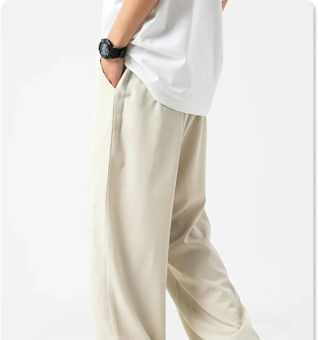 Men's Wide-Leg Straight Fit Cotton Pants with Drawstring Waist Classic Vintage Casual Trousers