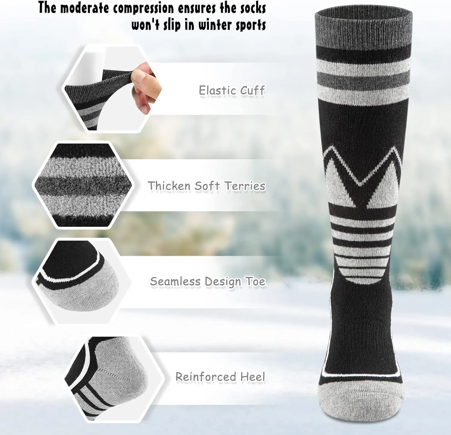 Merino Wool Kids Ski Socks 2 Pairs/3 Pairs Warm Thick OTC Snow Socks for Boys Girls Winter Skiing Snowboarding