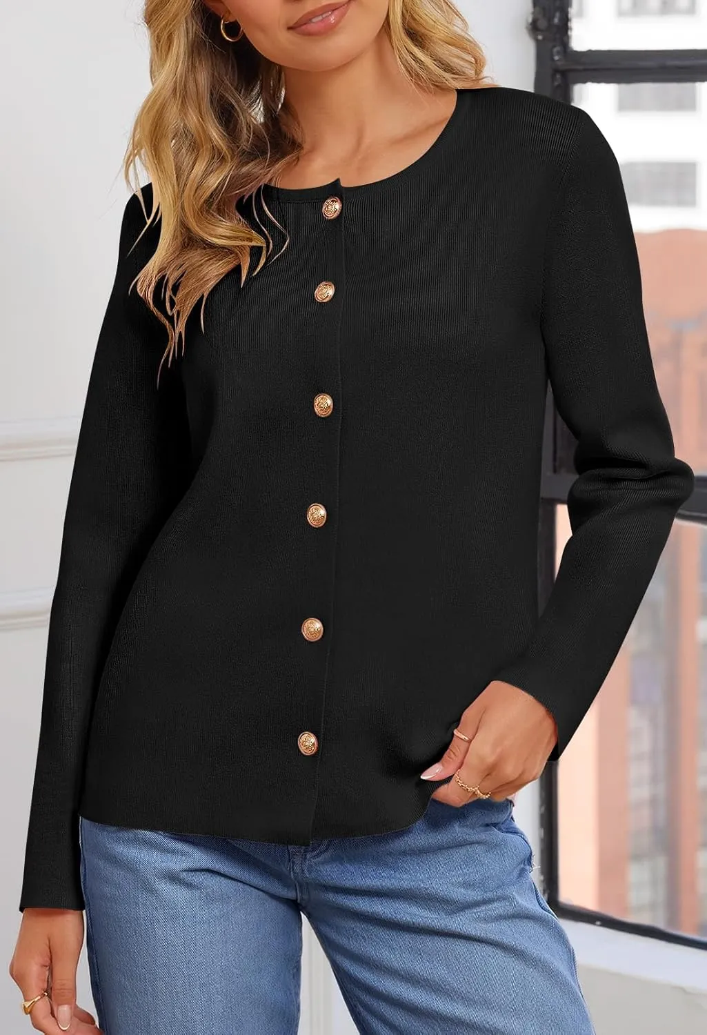 MEROKEETY Women's Button Down Knit Cardigan Sweaters Long Sleeve Crew Neck Solid Color Basic Jacket