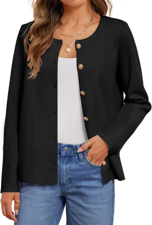 MEROKEETY Women's Button Down Knit Cardigan Sweaters Long Sleeve Crew Neck Solid Color Basic Jacket