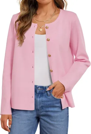 MEROKEETY Women's Button Down Knit Cardigan Sweaters Long Sleeve Crew Neck Solid Color Basic Jacket