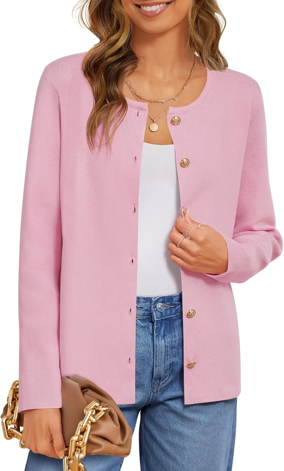 MEROKEETY Women's Button Down Knit Cardigan Sweaters Long Sleeve Crew Neck Solid Color Basic Jacket