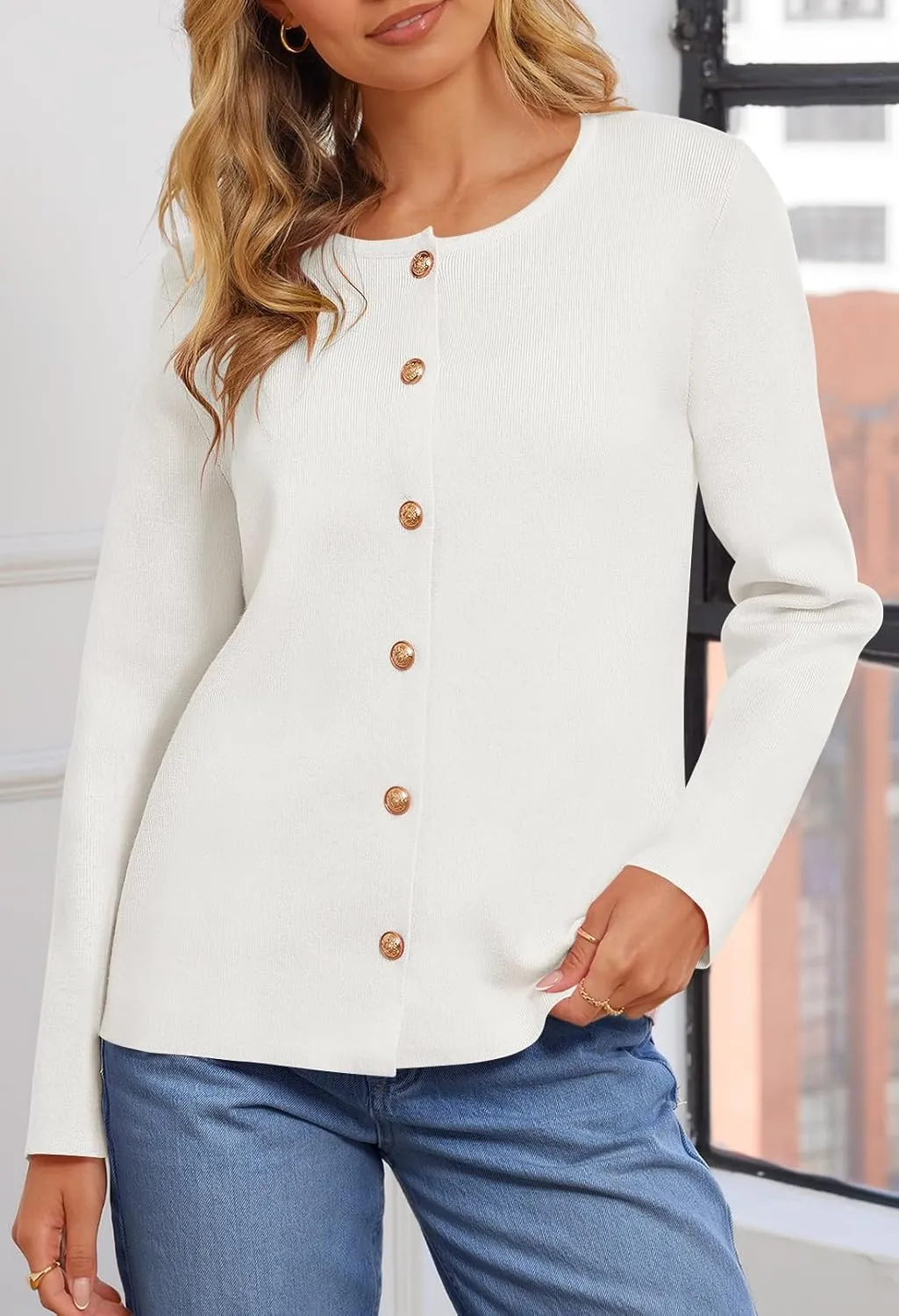 MEROKEETY Women's Button Down Knit Cardigan Sweaters Long Sleeve Crew Neck Solid Color Basic Jacket
