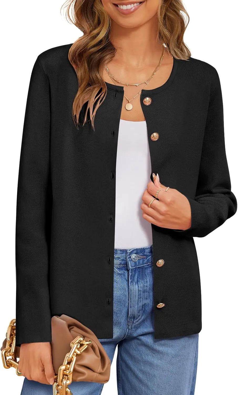 MEROKEETY Women's Button Down Knit Cardigan Sweaters Long Sleeve Crew Neck Solid Color Basic Jacket
