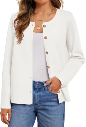 MEROKEETY Women's Button Down Knit Cardigan Sweaters Long Sleeve Crew Neck Solid Color Basic Jacket