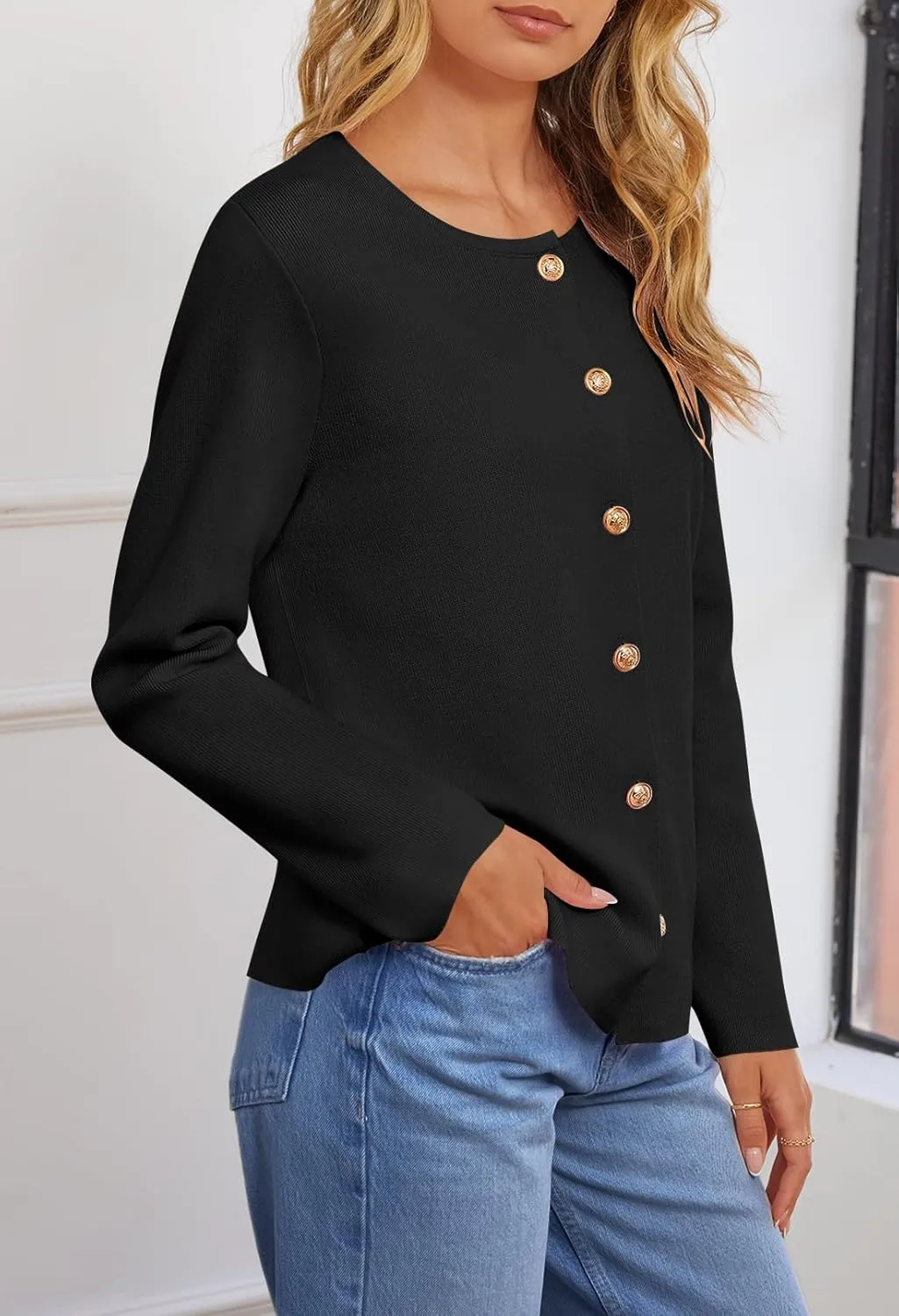 MEROKEETY Women's Button Down Knit Cardigan Sweaters Long Sleeve Crew Neck Solid Color Basic Jacket