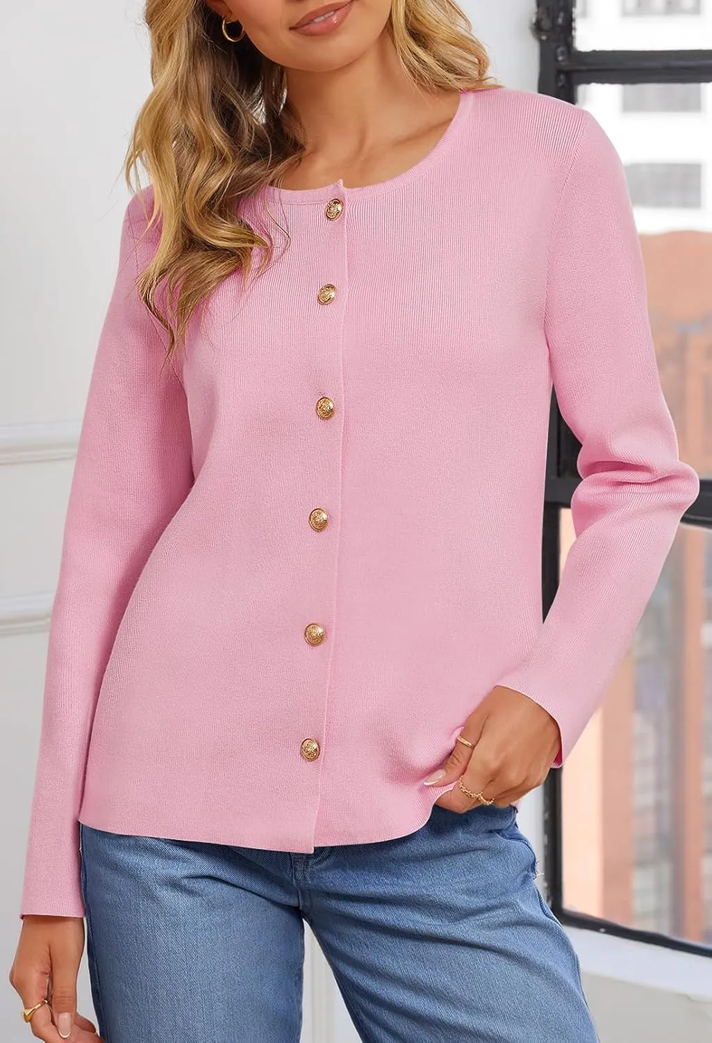 MEROKEETY Women's Button Down Knit Cardigan Sweaters Long Sleeve Crew Neck Solid Color Basic Jacket