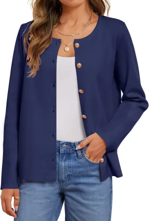 MEROKEETY Women's Button Down Knit Cardigan Sweaters Long Sleeve Crew Neck Solid Color Basic Jacket