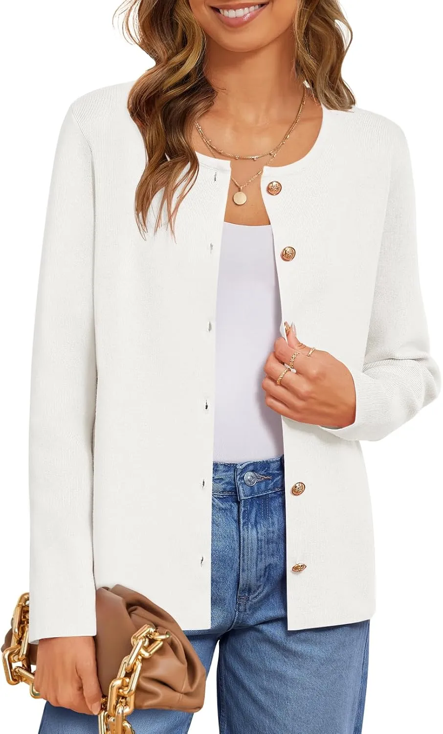 MEROKEETY Women's Button Down Knit Cardigan Sweaters Long Sleeve Crew Neck Solid Color Basic Jacket