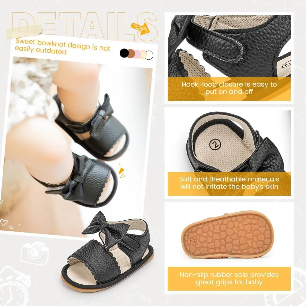 Miamooi Infant Baby Girls Boys Sandals Summer Bowknot Crib Shoes Toddler Pu Leather Flower Soft Rubber Sole Dress Flats First Walker Shoes