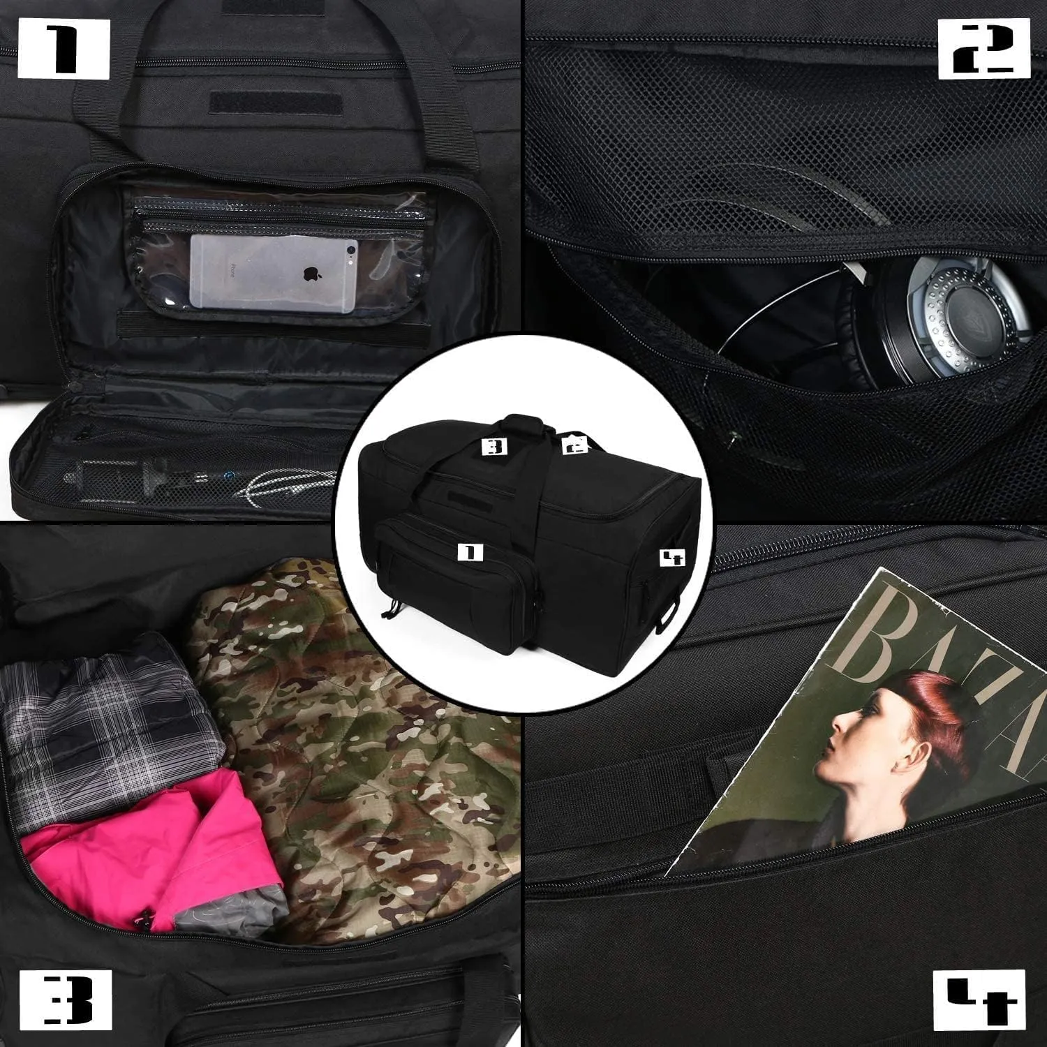 Military Tactical Wheeled Deployment Bag Rolling Duffel Trolley Bag for Camping (Black)