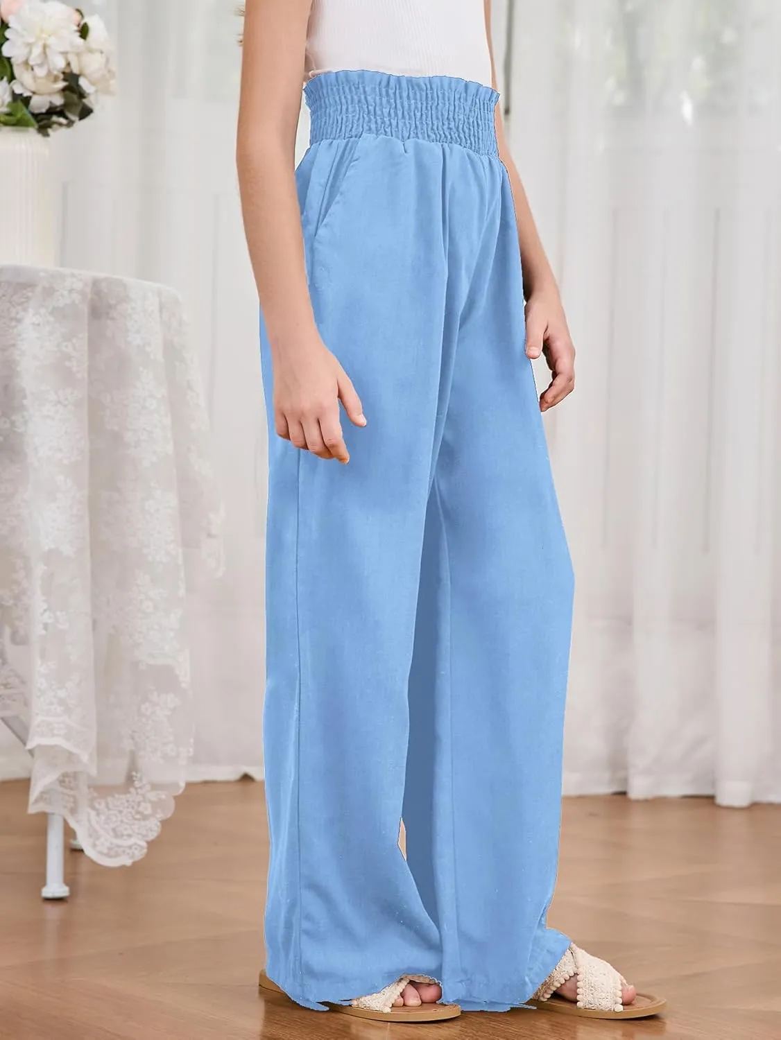 Milumia Girl's Linen High Waist Smocked Paperbag Wide Leg Pants Long Trousers