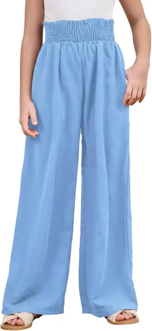 Milumia Girl's Linen High Waist Smocked Paperbag Wide Leg Pants Long Trousers