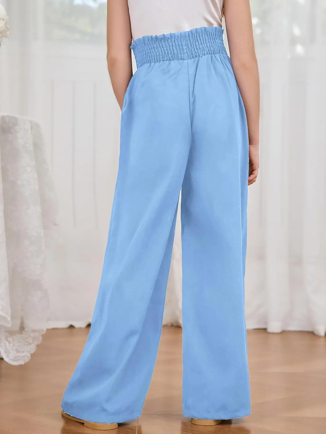Milumia Girl's Linen High Waist Smocked Paperbag Wide Leg Pants Long Trousers