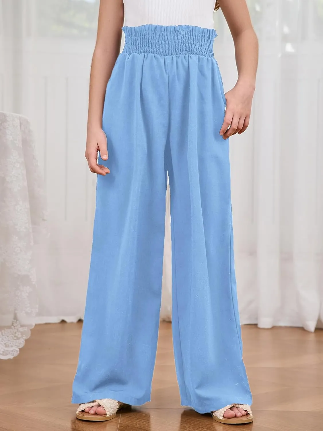Milumia Girl's Linen High Waist Smocked Paperbag Wide Leg Pants Long Trousers