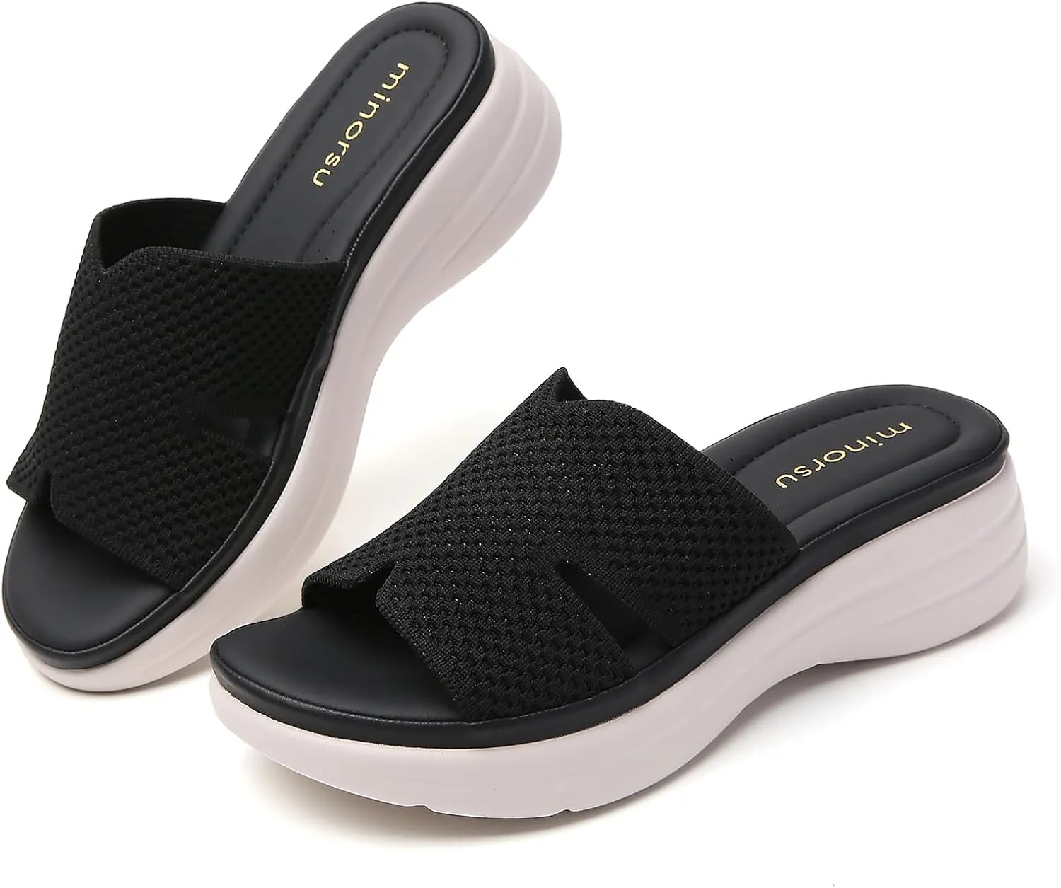 Minorsu Knit Platform Sandals for Women Comfortable Open Toe Summer Sandals Slip On Slides Shoes