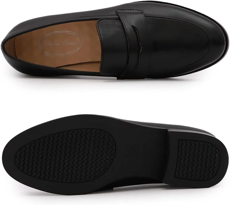Mona flying Women's Comfort Leather Round Toe Penny Loafers Dress Casual Slip On Flats Ladies Office Work Shoes