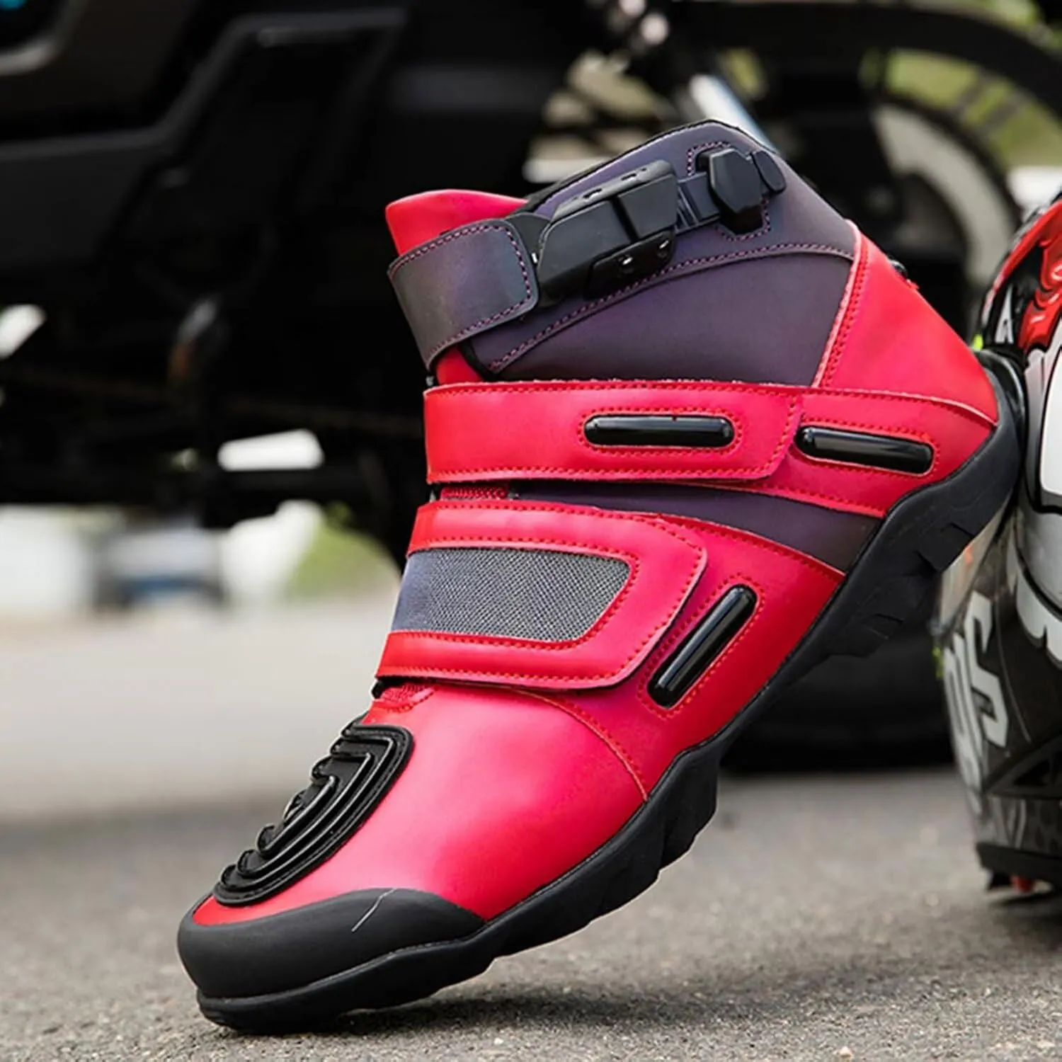 Motorcycle Boots for Men Women - Street Motorcycle Riding Shoes Racing Short Boots with Adjustable Buckle, Ankle Support, Anti-Slip Sole, Reinforced for Four Seasons,44,Style3