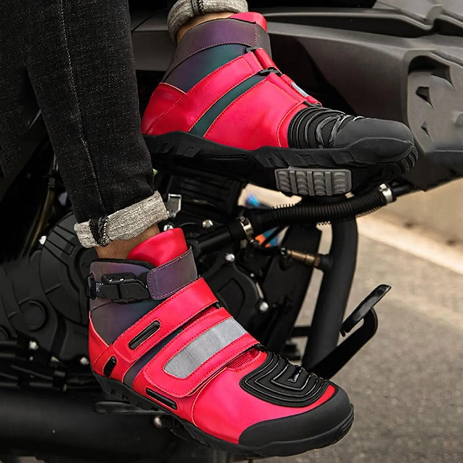 Motorcycle Boots for Men Women - Street Motorcycle Riding Shoes Racing Short Boots with Adjustable Buckle, Ankle Support, Anti-Slip Sole, Reinforced for Four Seasons,44,Style3