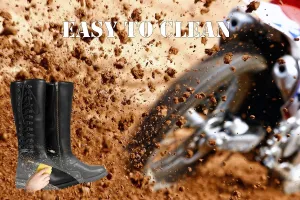 Motorcycle Boots for Women with Full Size Zipper & Lace Details, Black Motorcycle Riding Boots for Ladies with Heel, Classic Harness Design, Mid Calf