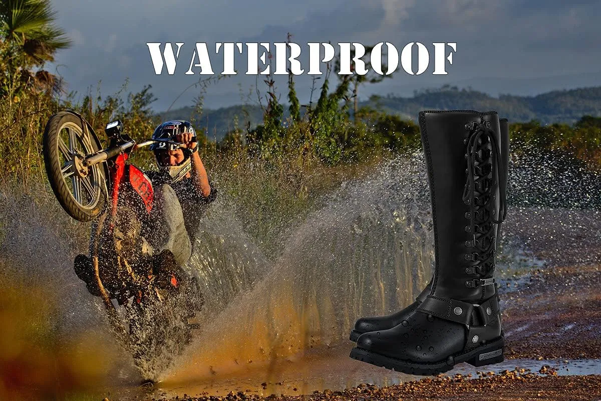 Motorcycle Boots for Women with Full Size Zipper & Lace Details, Black Motorcycle Riding Boots for Ladies with Heel, Classic Harness Design, Mid Calf