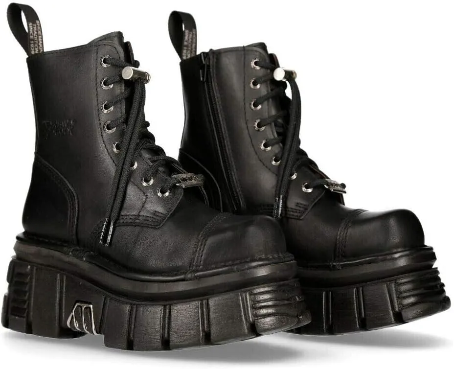 New Rock M-NEWMILI083-S21 TOWER COMBAT BOOTS Black Leather Platform Biker Shoes