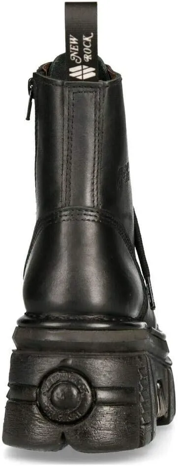 New Rock M-NEWMILI083-S21 TOWER COMBAT BOOTS Black Leather Platform Biker Shoes