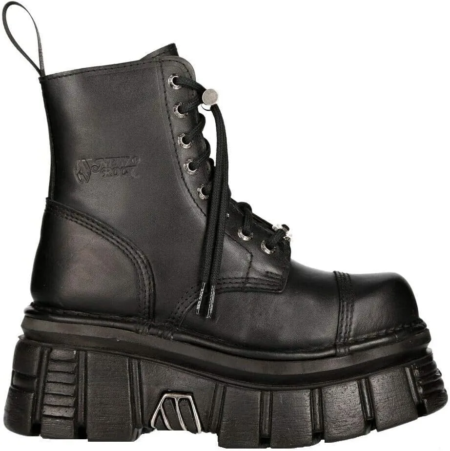 New Rock M-NEWMILI083-S21 TOWER COMBAT BOOTS Black Leather Platform Biker Shoes
