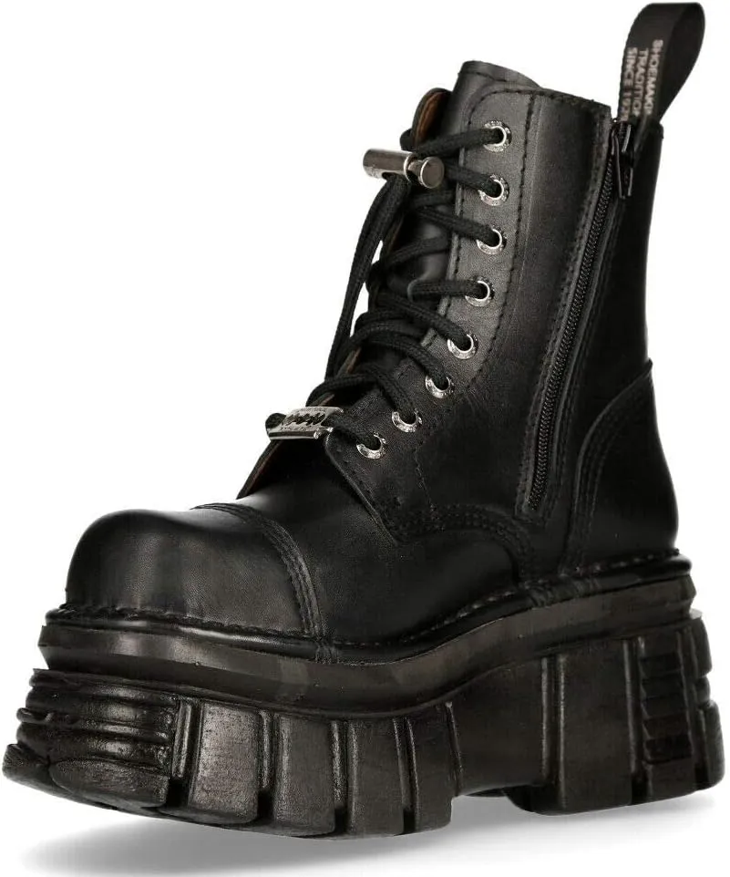 New Rock M-NEWMILI083-S21 TOWER COMBAT BOOTS Black Leather Platform Biker Shoes