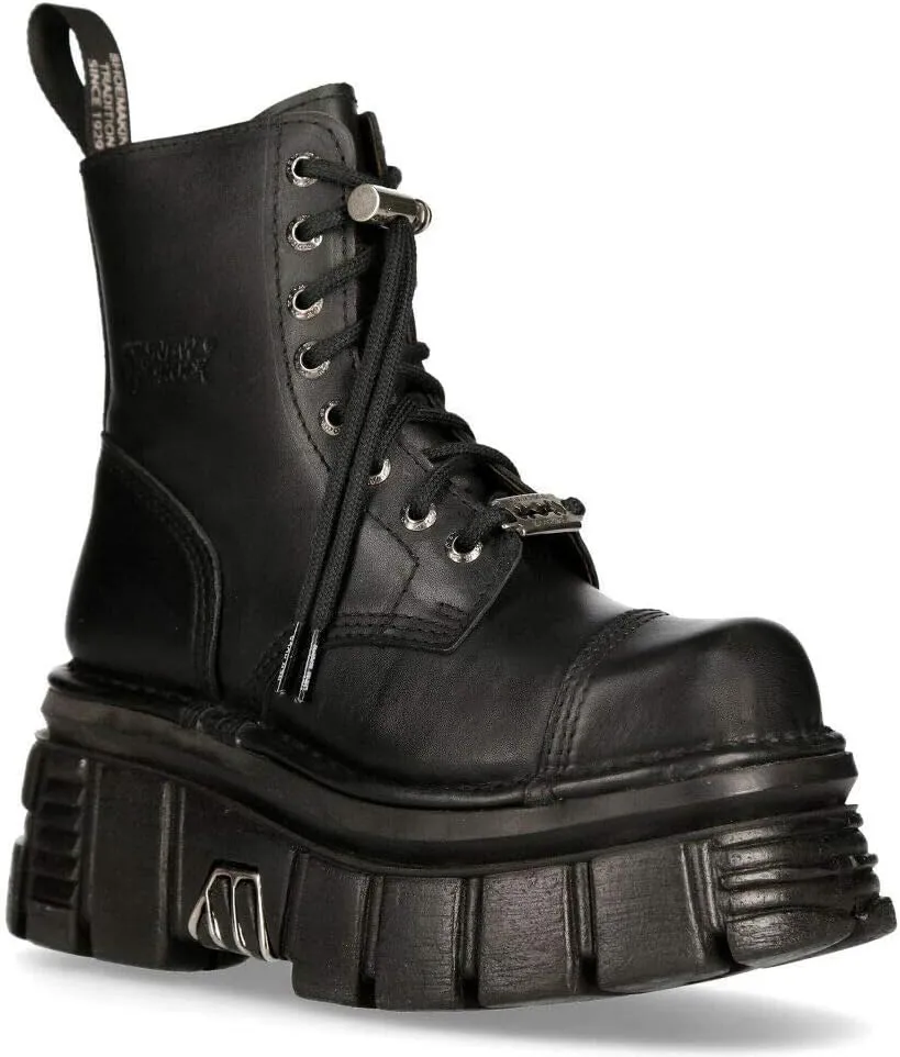 New Rock M-NEWMILI083-S21 TOWER COMBAT BOOTS Black Leather Platform Biker Shoes