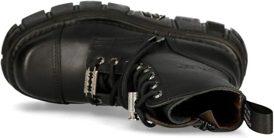 New Rock M-NEWMILI083-S21 TOWER COMBAT BOOTS Black Leather Platform Biker Shoes