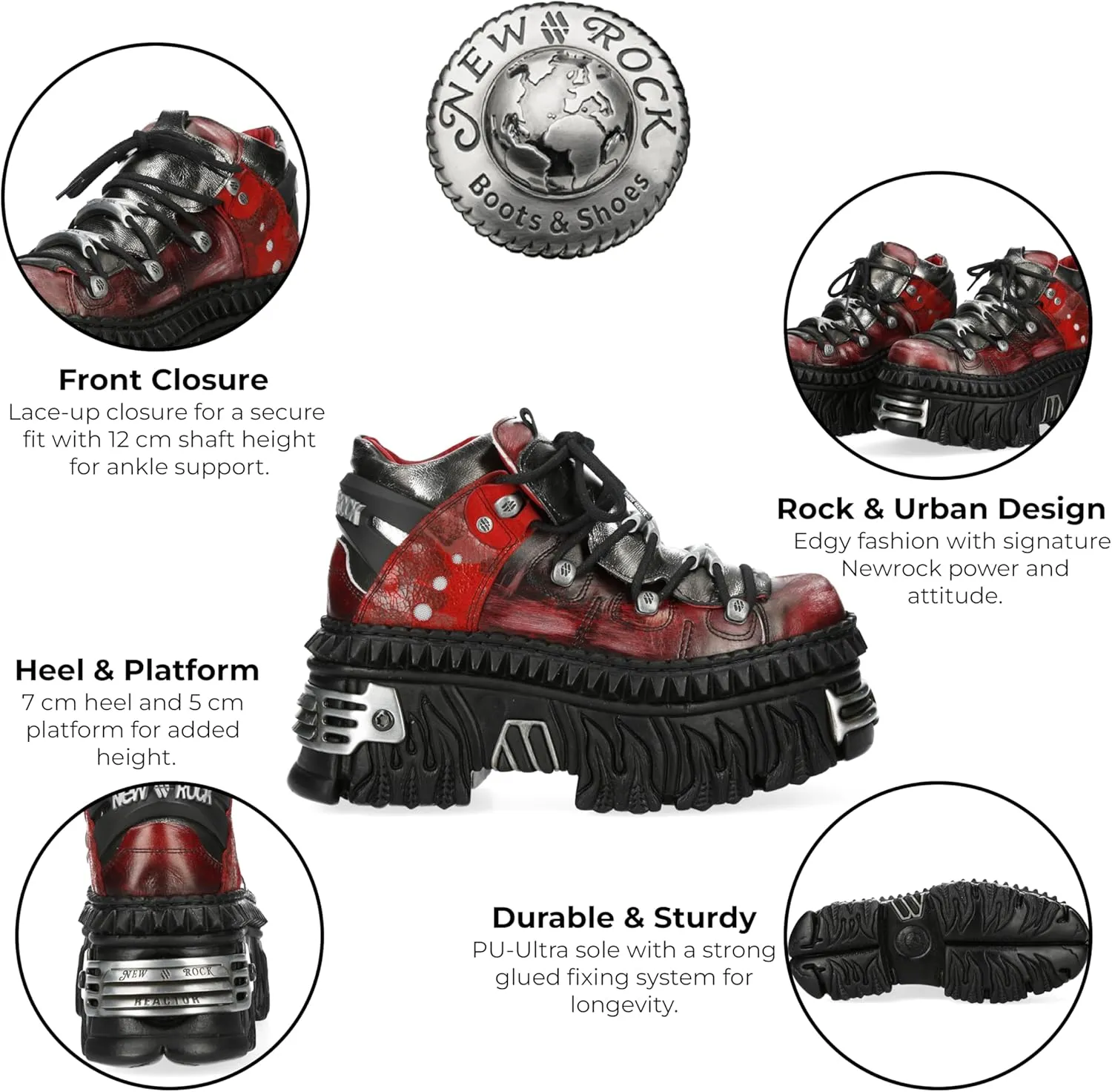 New Rock M-WALL106N-C17 Red Silver Leather Gothic Urban Rock Ankle Boots