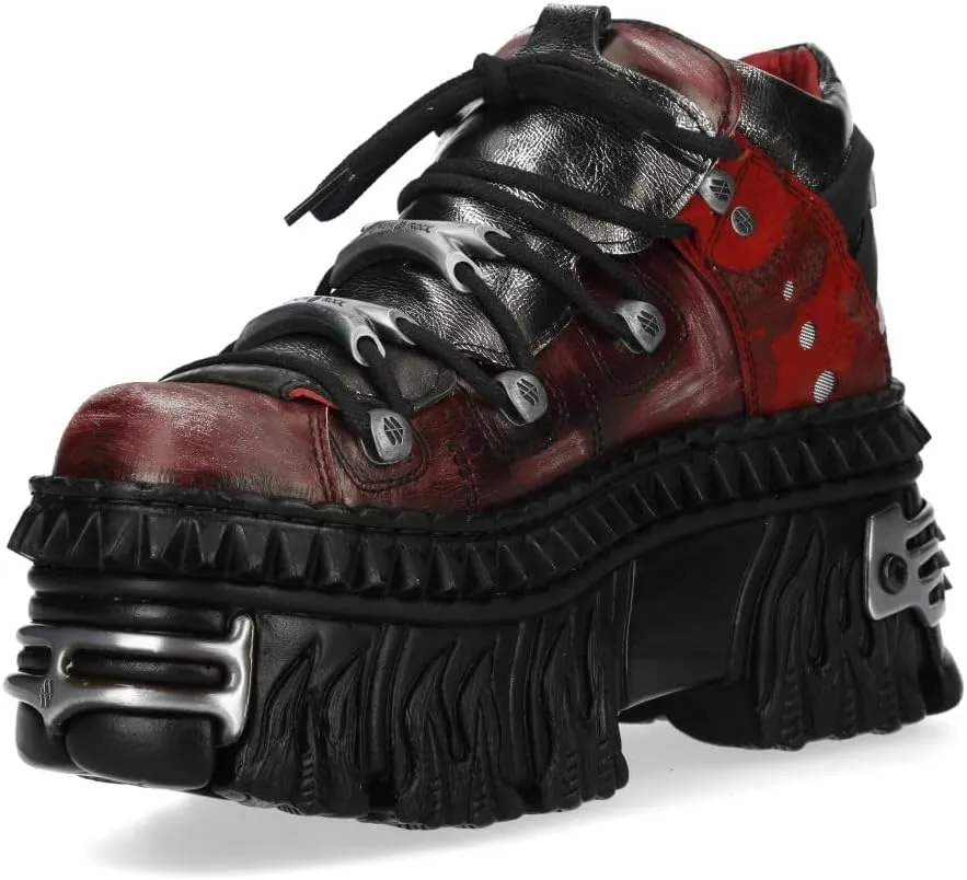 New Rock M-WALL106N-C17 Red Silver Leather Gothic Urban Rock Ankle Boots